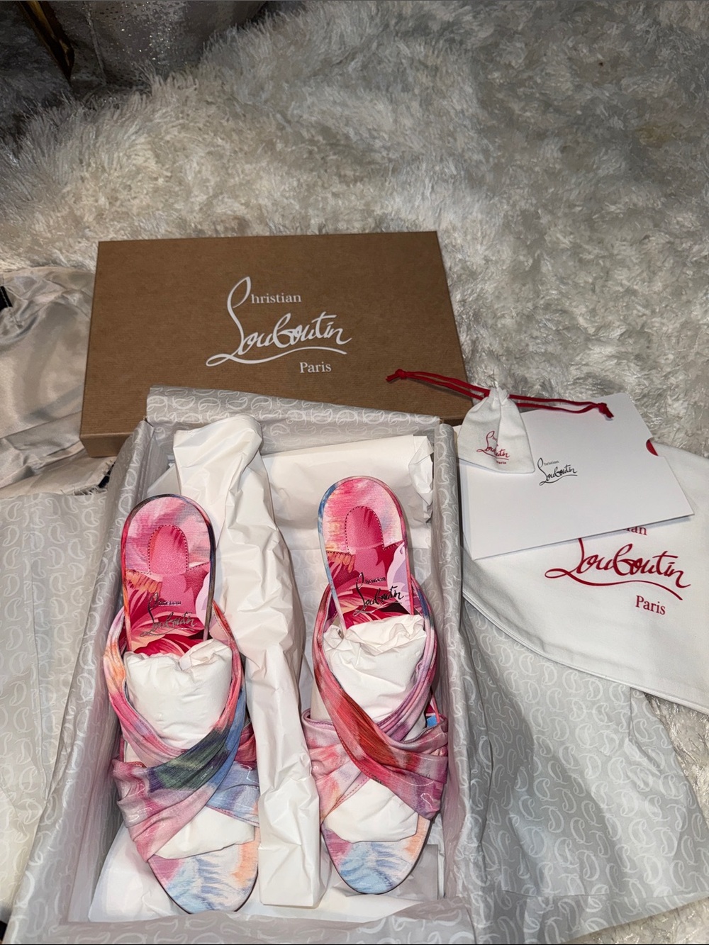 Christian Louboutin Pink Multi-Color Satin Crisscross Slide Mules